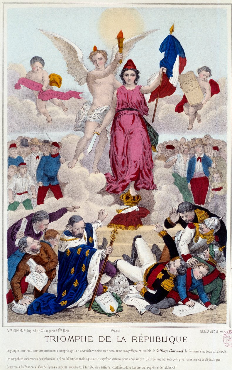 Triumf republiky, rytina z roku 1875. Alegorie o všeobecném volebním právu, které ničí nepřátele republiky: "Francie je však chráněna před jejich spiknutím a kráčí v čele civilizovaných národů po cestě pokroku a svobody". od French School