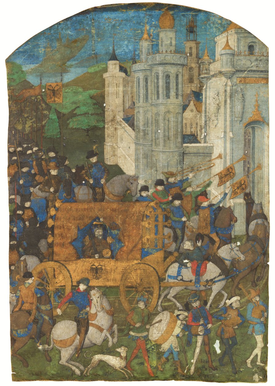 Pyhän Rooman keisarin voittokulkue, leikattu käsikirjoituksesta, Rouen, 1400-luvun kolmas neljännes od French School