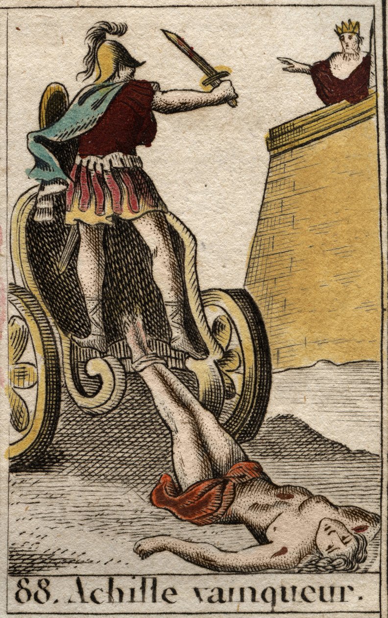 Trojská válka: Triumfální Achilles vleče Hektorovo bezvládné tělo před Brány Tróje. Z „Mytologie mládí“ od Pierra Blancharda 1803. od French School