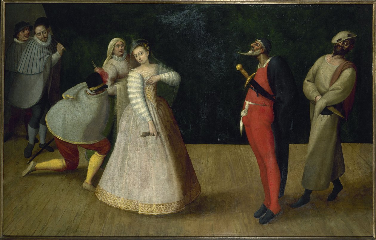 Skupina italských komediantů (Gelosi), kolem roku 1580 (olej) od French School