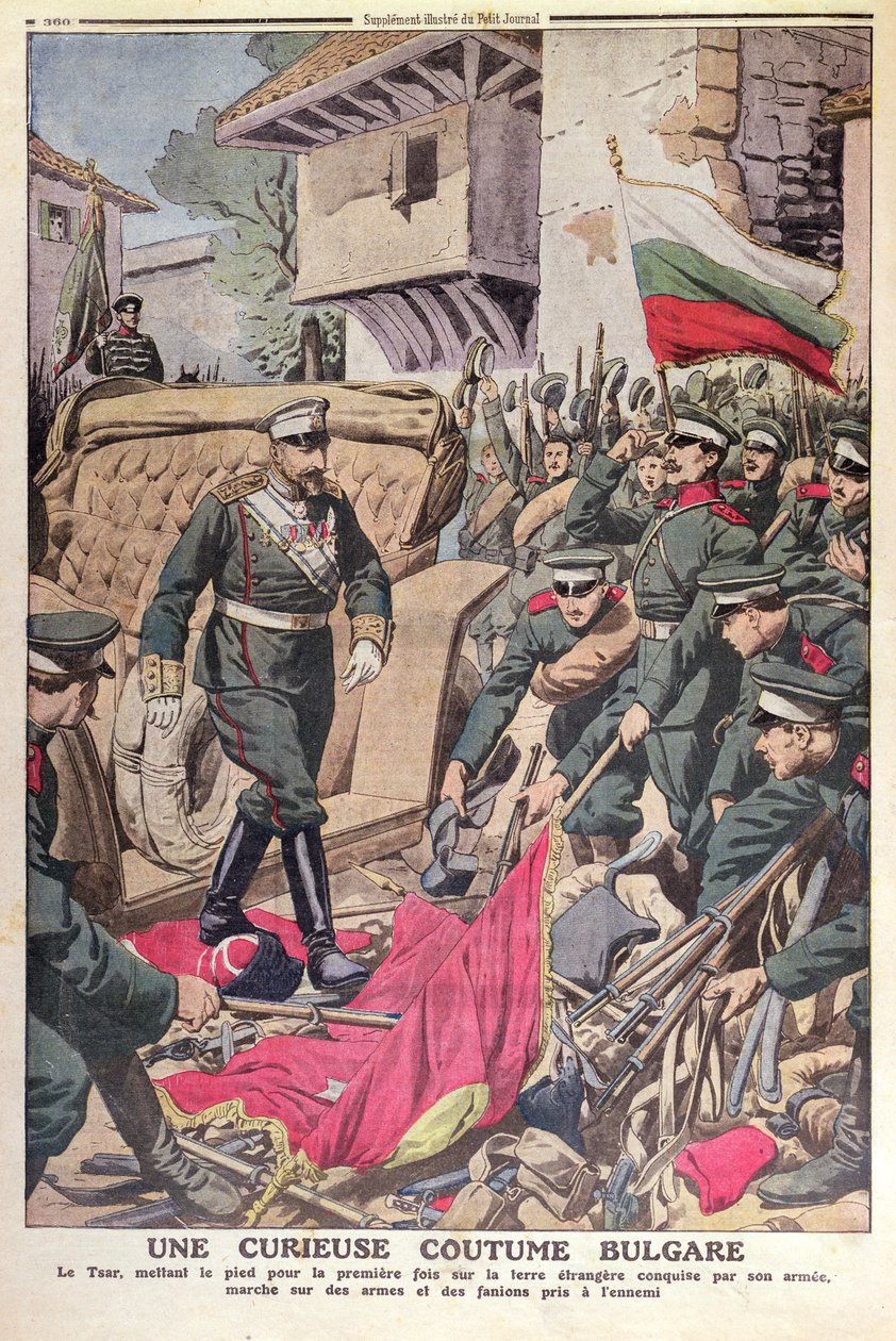 Bulharský car Ferdinand I. (1861-1948) při procházce nad ukořistěnými vlajkami během balkánské války v roce 1912, listopad 1912. od French School