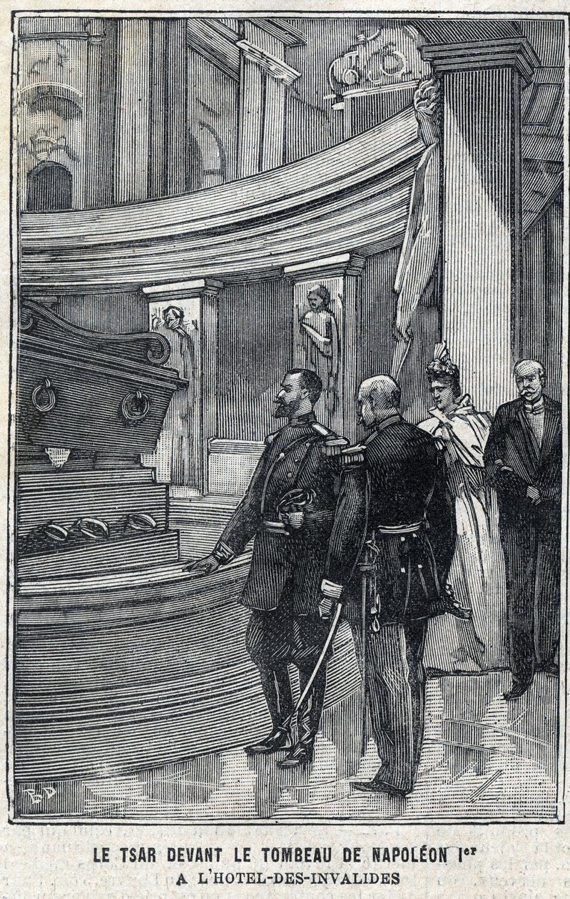 Ruský car Mikuláš II. (1868-1918) a carevna Alexandra Fiodorovna Romanova (1872-1918) před hrobkou Napoleona I. Bonaparta v hotelu des Invalides v Paříži, v „Le Petit Parisien““ od French School