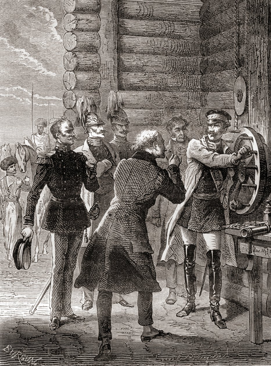 Car Nicholas I. slavnostně otevřel semaforovou telegrafní linku mezi Moskvou a Varšavou v roce 1833, za použití modifikace semaforového systému Clauda Chappeho, z Les Merveilles de la Science, publikované kolem roku 1870 (rytina) od French School
