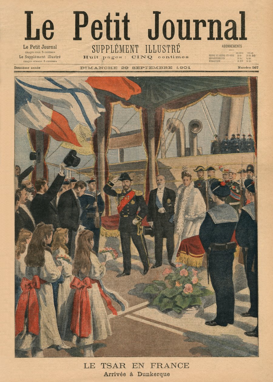 Car Nicolas II ve Francii, přijíždějící do Dunkerque, ilustrace přední obálky z 