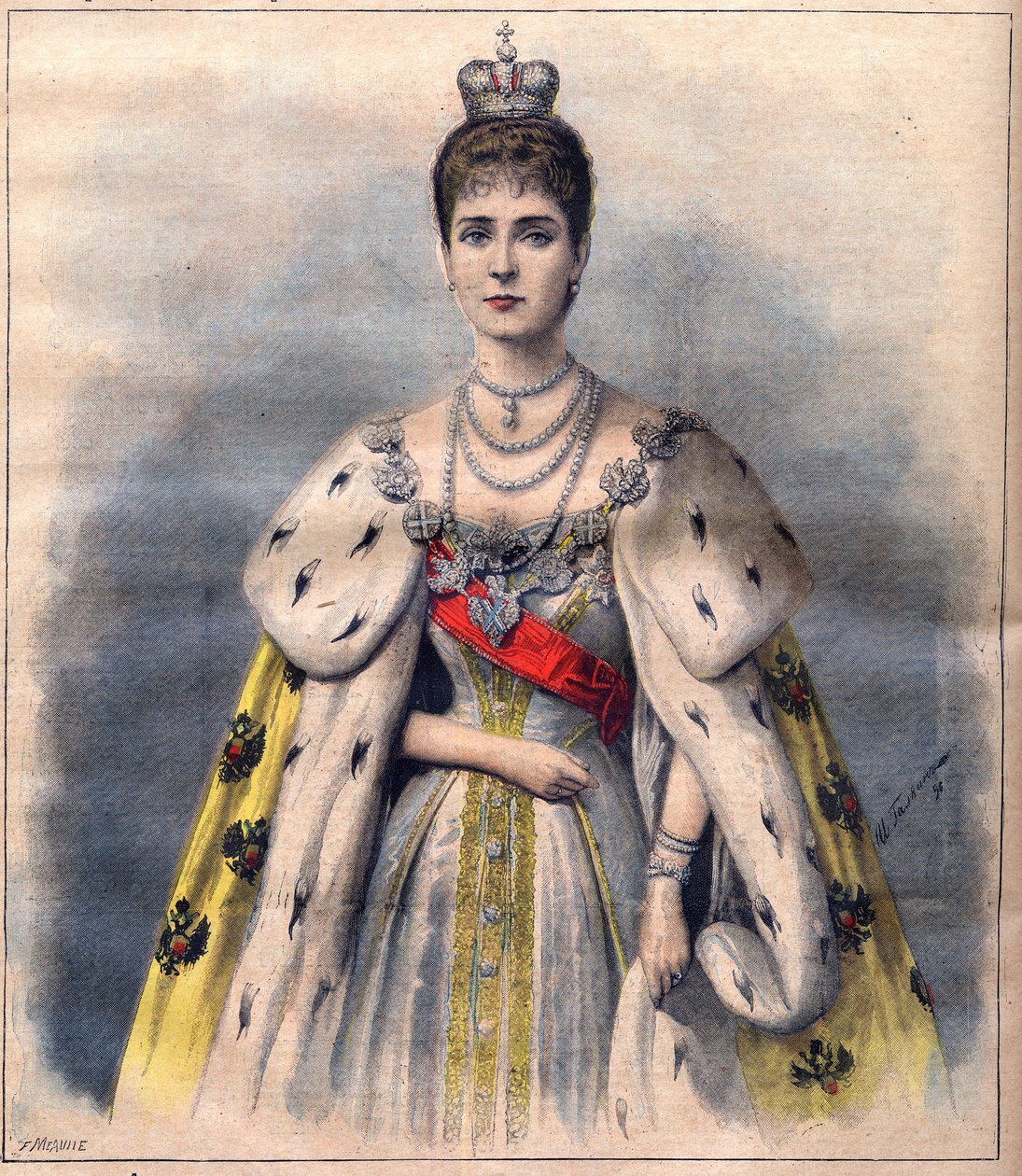 Carina Alexandra Ruska ve svém korunovačním rouchu - carevna Alexandra Fiodorovna v kostýmu posvátna. Ilustrace pro Le Petit Journal, 24. května 1896 (rytina) od French School