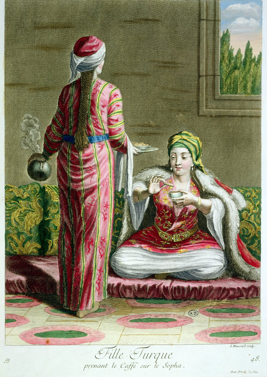 Turecká dívka s kávou na pohovce, ze sbírky tisků kostýmů z Levanty, ryl I. Haussard, 1707-08 od French School