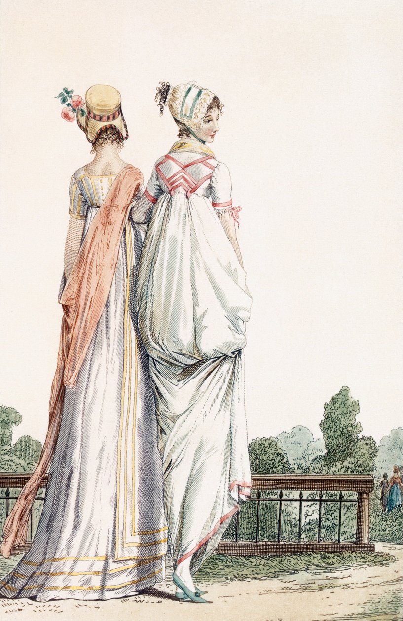 Dvě dámy v promenádních šatech, 1796 99:žena; tradiční kroj; tradiční oděv; móda; c18.; chůze; zadní; bílé šaty; kapota; kapoty; klobouky; park; zahrada; od French School