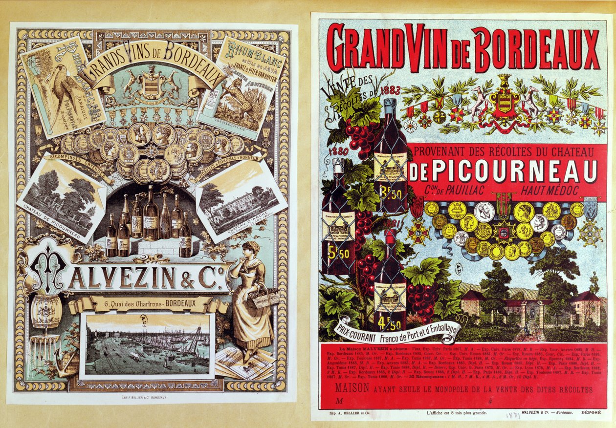Dvě reklamy pro distributory Malevezin and Company a vinici Chateau de Picourneau, z regionu Bordeaux, konec 19. století od French School