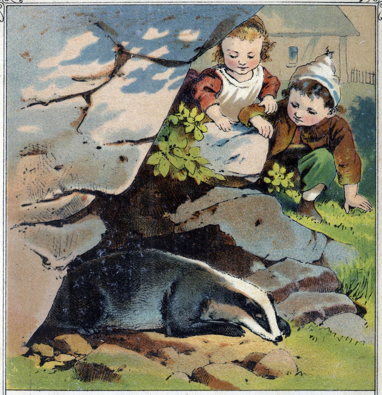 Dvě děti pozorují jezevce v jeho noře. Chromolitografie z "" Childhood Scenes"" ed. Guerin - Muller kolem roku 1885. od French School