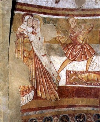 Dvě přihlížející ženy, detail z nástěnné malby zobrazující Ukřižování sv. Petra (viz také 110618) od French School