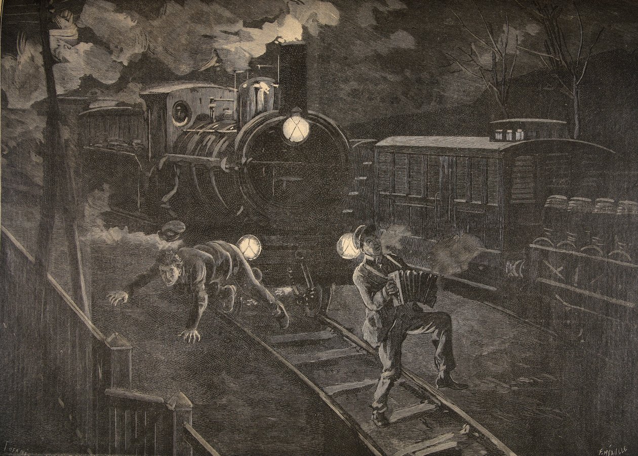 Dva muži sražení vlakem, ilustrace z Le Petit Journal: Supplement illustre, 1898 od French School