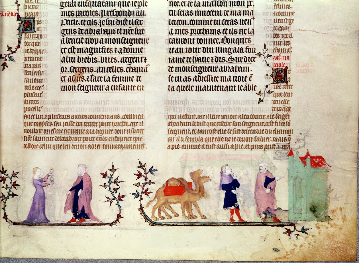 Dvě scény z příběhu o Rebecce u studny, z Bible Jean de Sy, kolem roku 1355 od French School