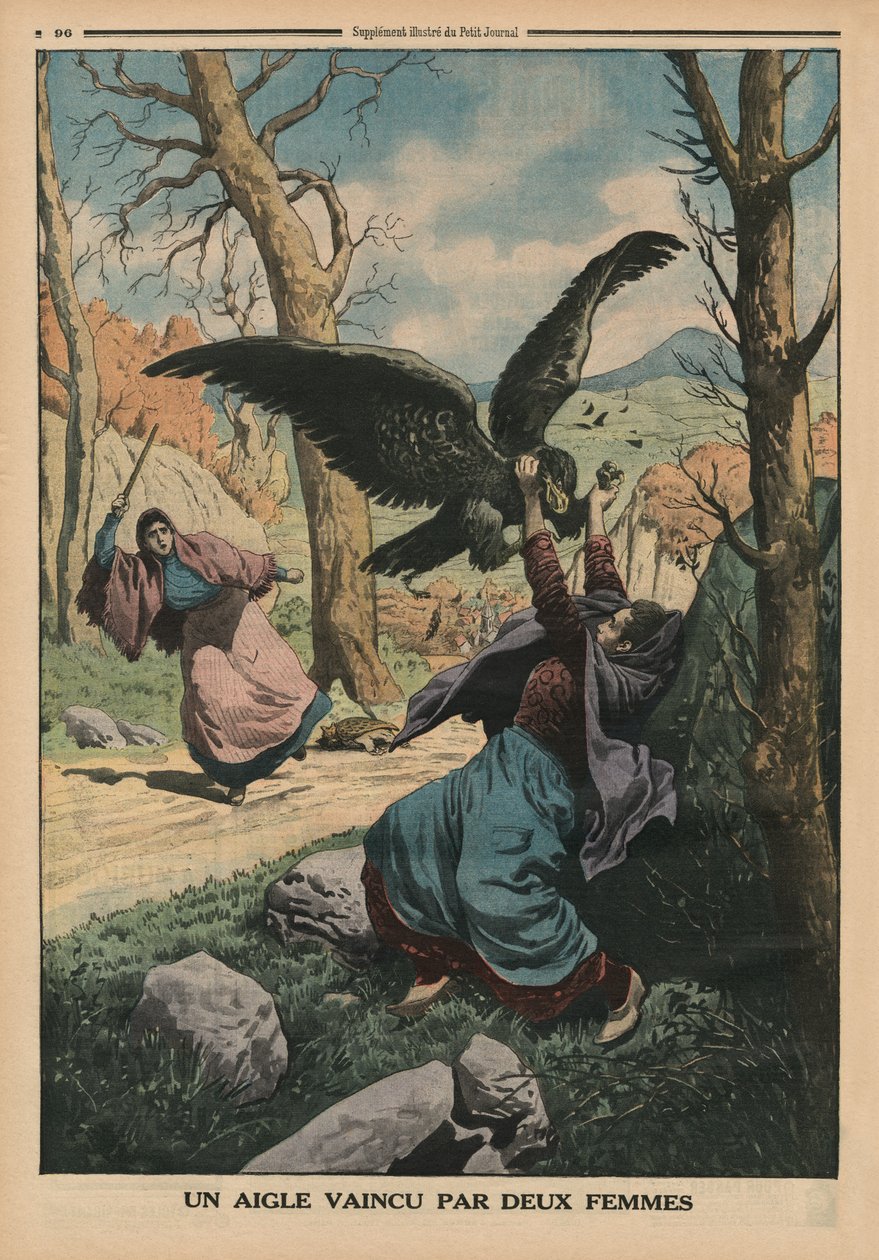 Dvě ženy porážejí orla, ilustrace na zadní straně obálky z "Le Petit Journal", ilustrovaná příloha, 22. března 1914 od French School