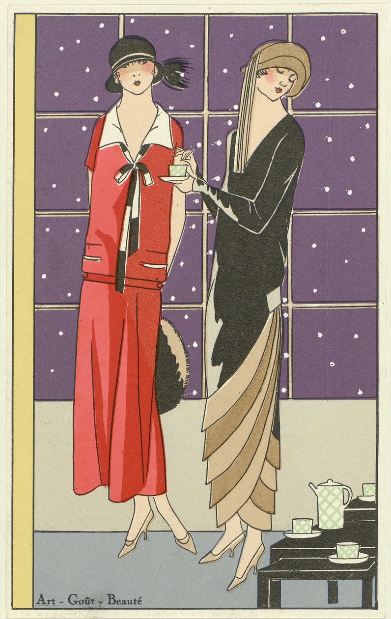 Dvě ženy na čaji a oblečené v návrzích od Jean Patou a Beer z hospody Art-Goût-Beauté. 1924 od French School