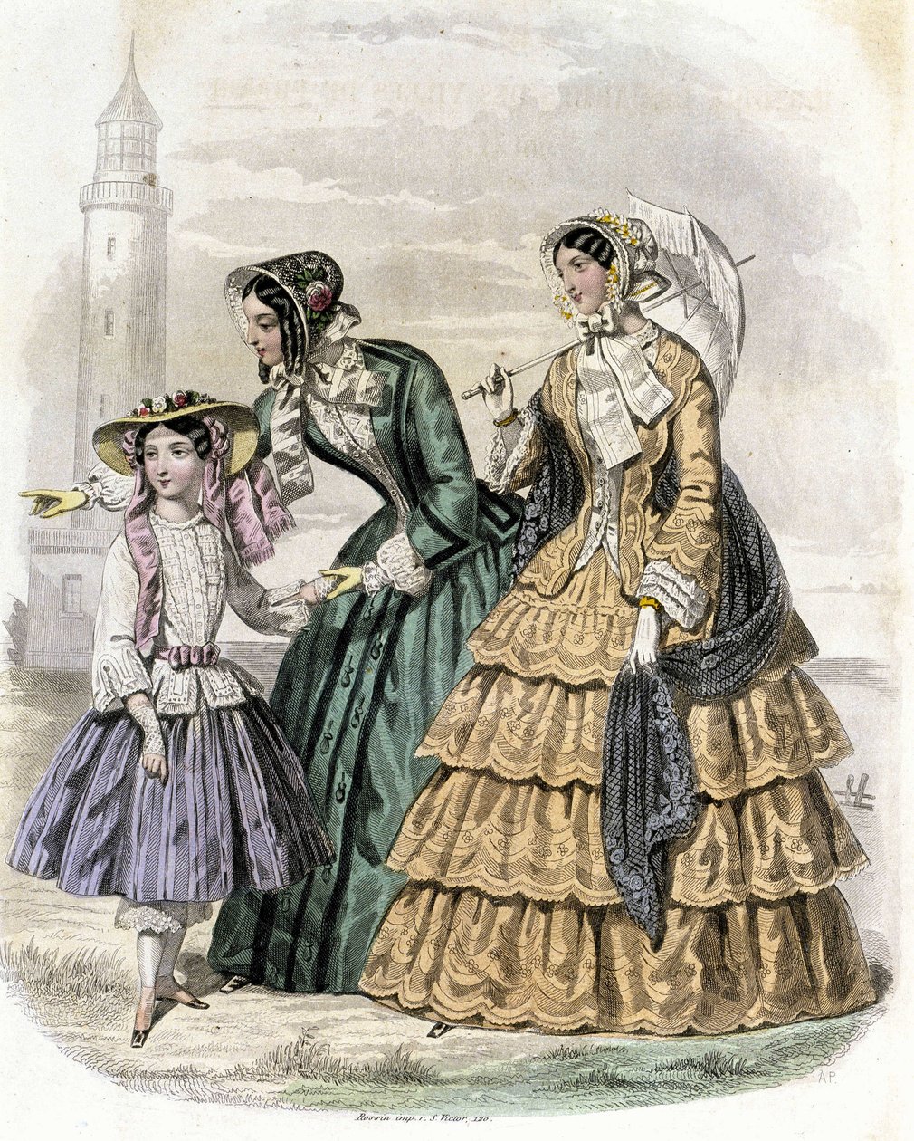 Dvě ženy s dívkou na venkově - v „Journal des Demoiselles““ 1852. od French School
