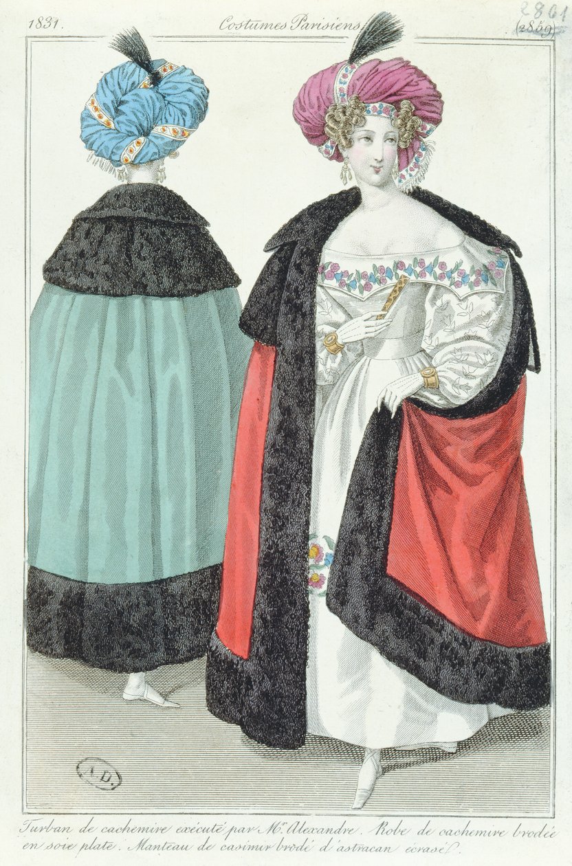 Dvě ženy s turbany, šaty a pláště z kašmíru, z Costumes Parisiens, 1831 od French School