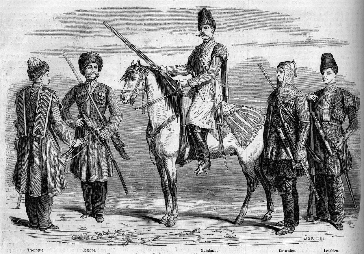 Typy a uniformy zvláštního doprovodu ruského císaře. Zleva doprava: trubka, kozák, muslim, čerkes a lesghián. Rytina v „“ Le Monde Illustré““ č. 153 ze 17. března 1860. od French School