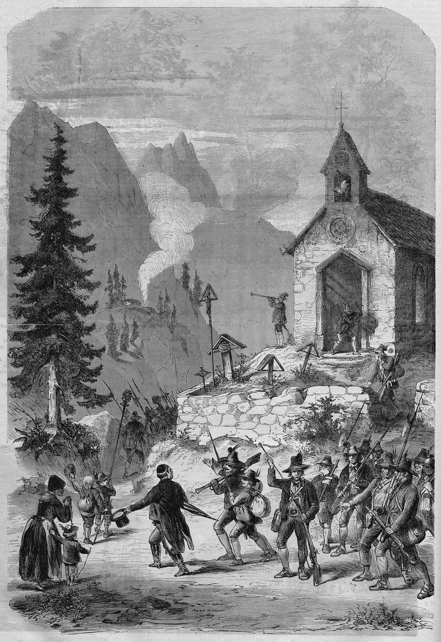 Tyrolsko, dějiště návratu tyrolských vojsk rakouské armády, v říjnu 1866. Rytina od French School