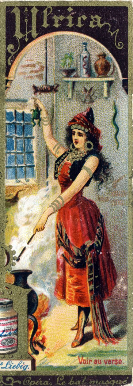 Ulrica v opeře Giuseppe Verdiho "Le bal masque" vytvořené v roce 1859. Abeceda ženských jmen na téma: ženské kostýmy a opery, reklamní chromolitografie Liebig. od French School