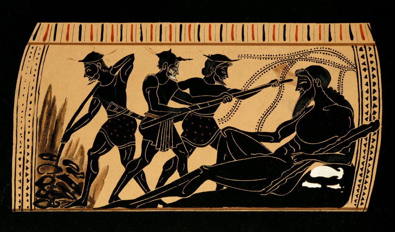 Odysseus a jeho společníci vydlabávají oko Kyklopovi Polyfémovi, ilustrace ze starožitné řecké vázy, 1887 od French School