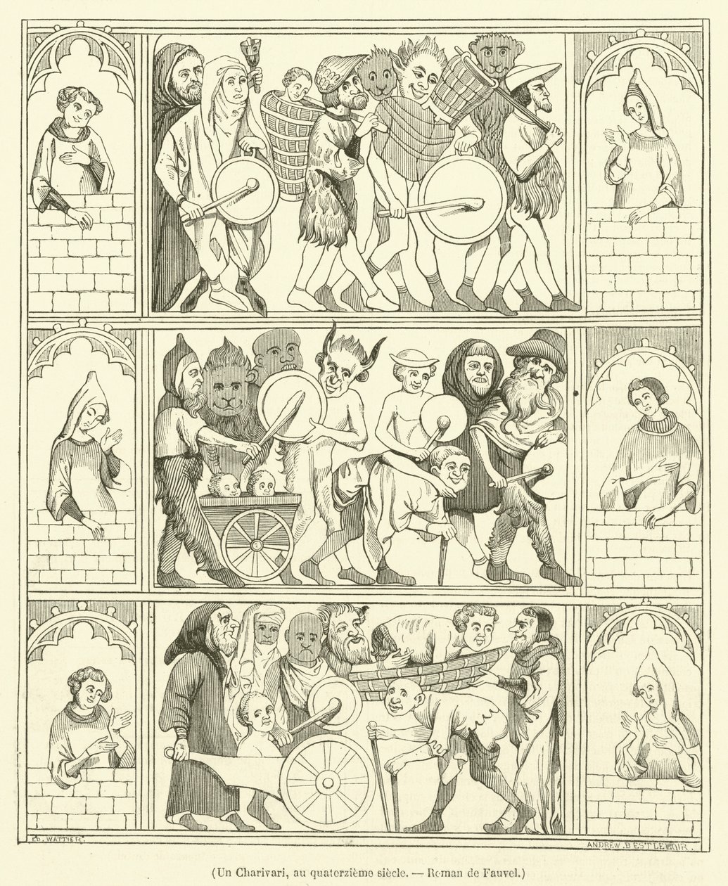 Un Charivari, au quatorzieme siecle, Roman de Fauvel (rytina) od French School