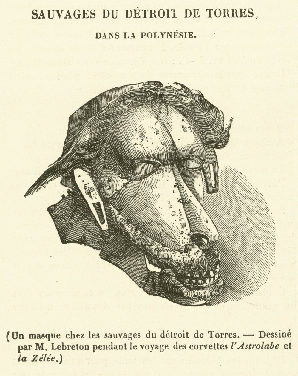 Maska mezi divochy v Torresově průlivu (rytina) od French School