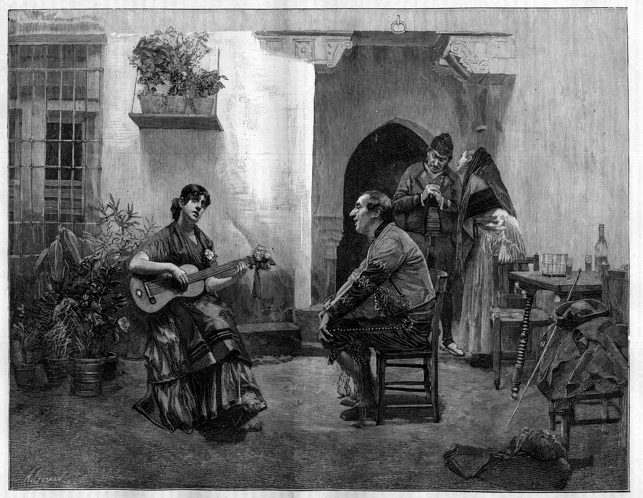 Pod kouzlem: muž naslouchající s obdivem mladé španělské dívce hrající na kytaru. Rytina podle obrazu Julese Wormse (1832-1914) v „The Illustrious World“, 1. května od French School