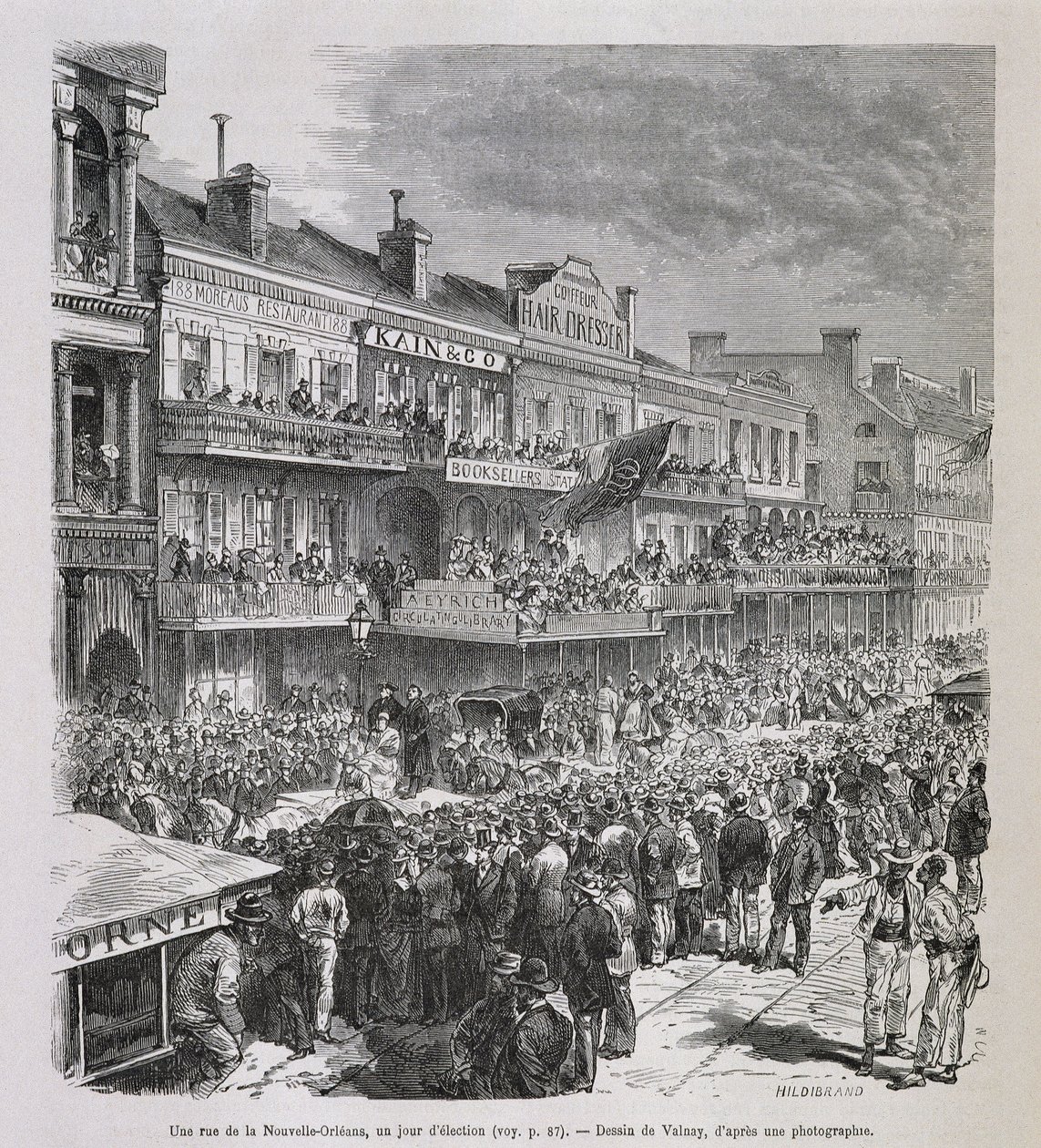 Ulice v New Orleans v den voleb 1875 - v „“Le Tour du Monde“, 2. sem. 1876 od French School