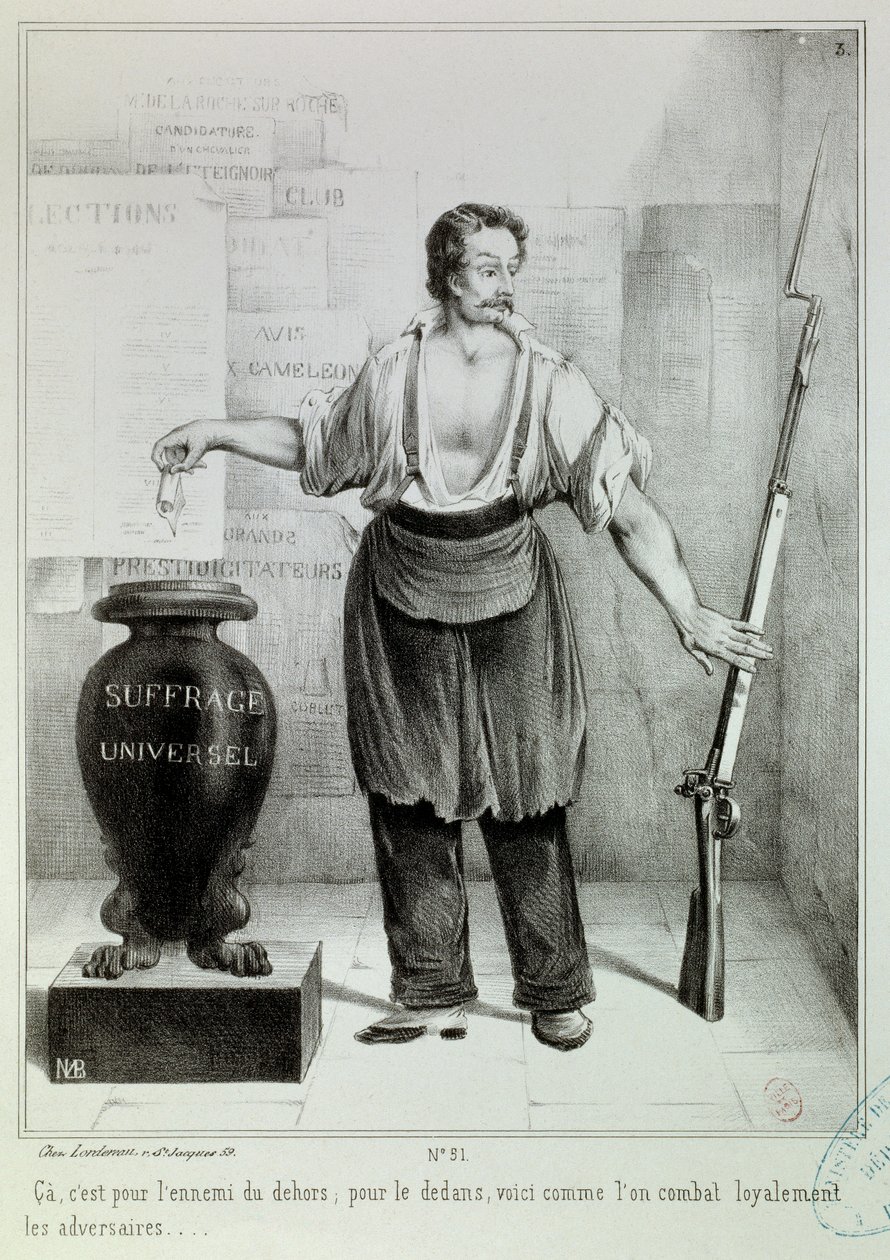 Všeobecné volební právo „“hlas nebo puška““ Hlas musí bojovat s nepřítelem místo pušky. Rytina M.L. Bosredon, duben 1848. Paříž, Musee Carnavalet od French School