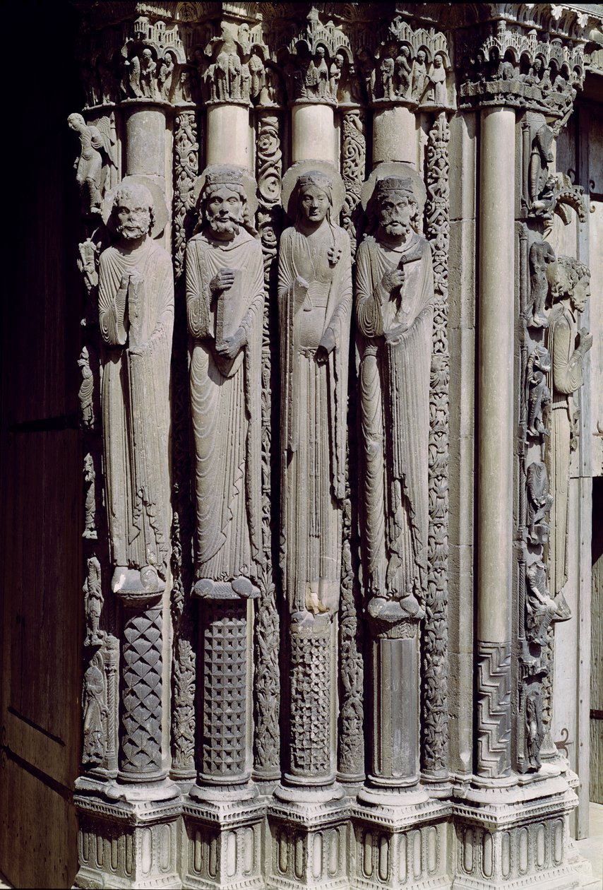 Neznámá postava, král Šalamoun, královna ze Sáby a král David, figurky džbánů z Royal Portal, 1140-55 od French School
