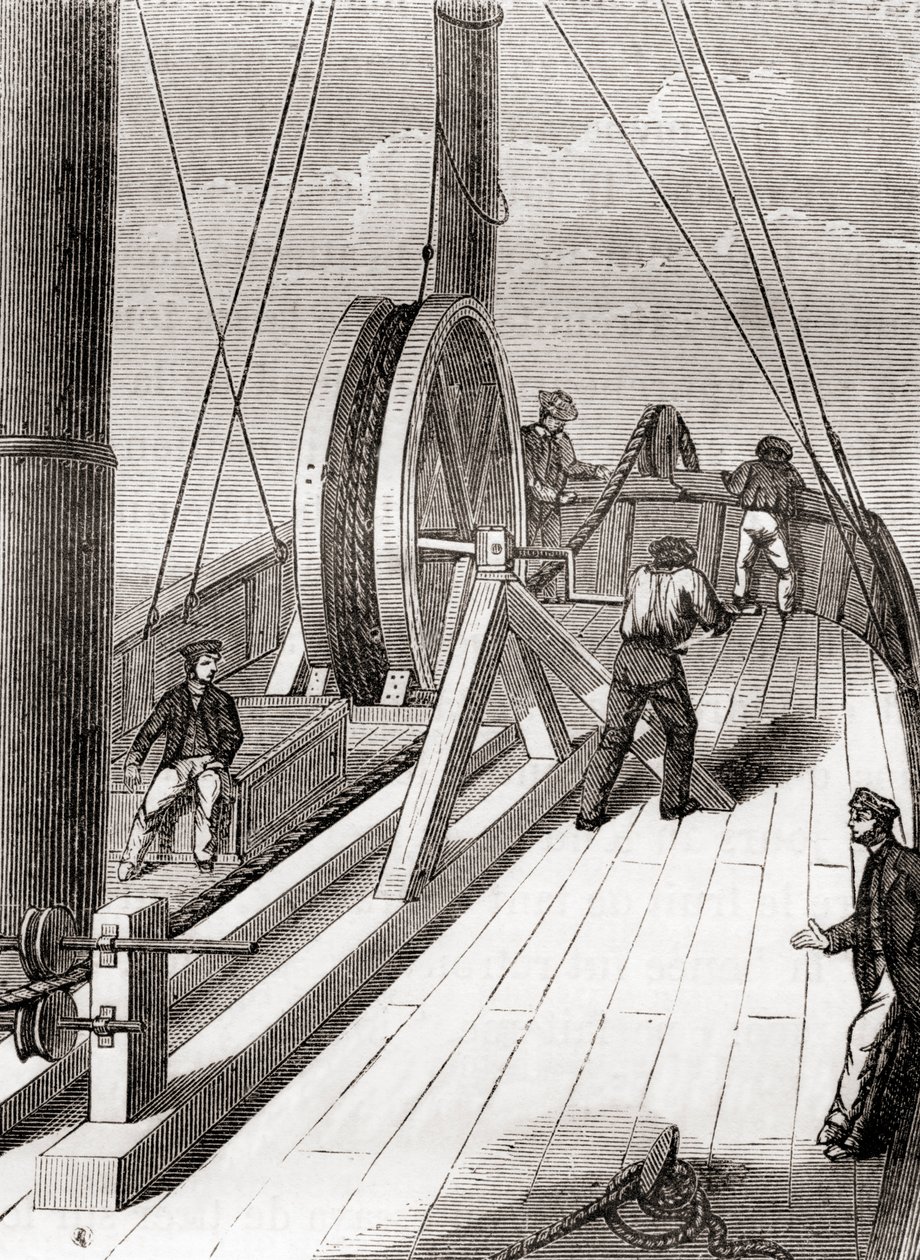 Odvíjení podmořského kabelu Dover do Calais na palubě Blazeru, 25. prosince 1851, z Les Merveilles de la Science, vydáno kolem roku 1870 (rytina) od French School