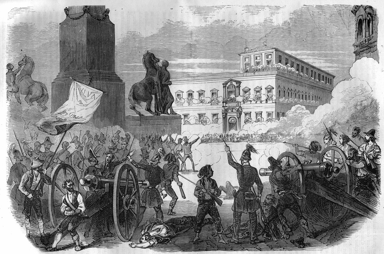 Povstání v Bologni: svržení papežské vlády za papeže Gregoira XVI v letech 1831 až 1846. Rytina v „Histoire des Papes-Rois-Queen and Empereurs a travers les century“ od Maurice Lachatre od French School