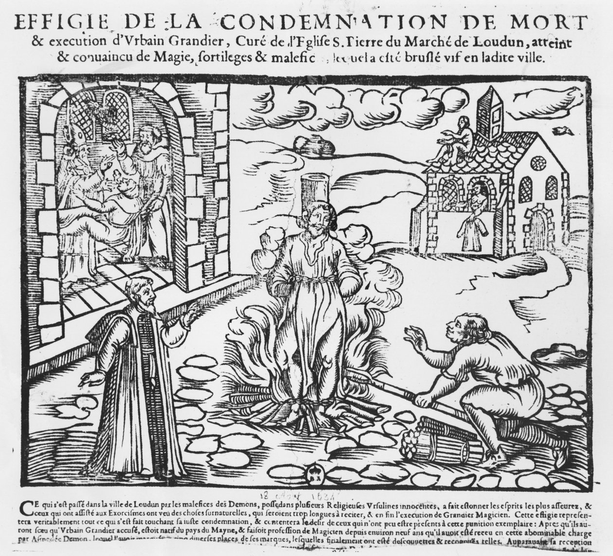 Urbain Grandier upálený na hranici po událostech v Loudunu, 1634 (dřevoryt) od French School