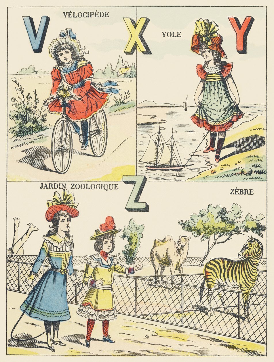 V X Y Z: velociped, yole, zoologická zahrada, zebra od French School