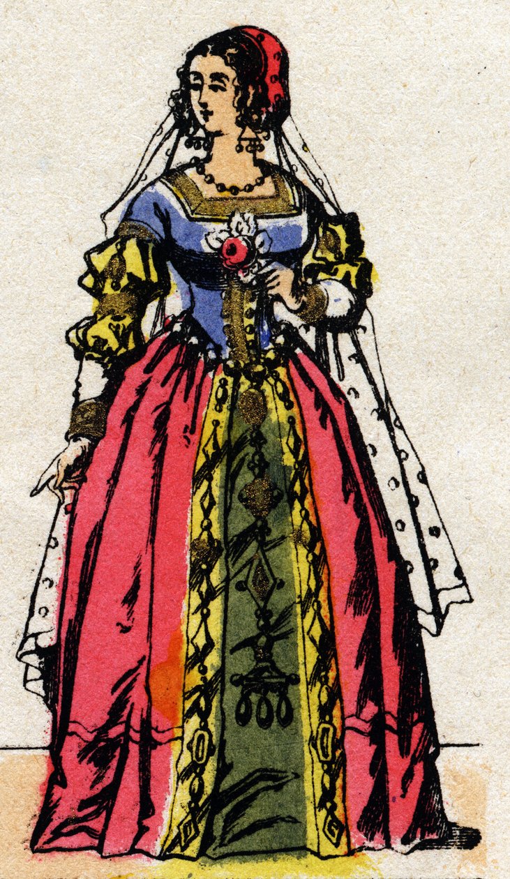 Dynastie Valois: Portrét Eleonory Habsburské neboli Rakouské (1498-1558) královna Francie, manželka Františka I. (1494-1547). Epinal zobrazování z konce 19. století. Soukromá sbírka. od French School