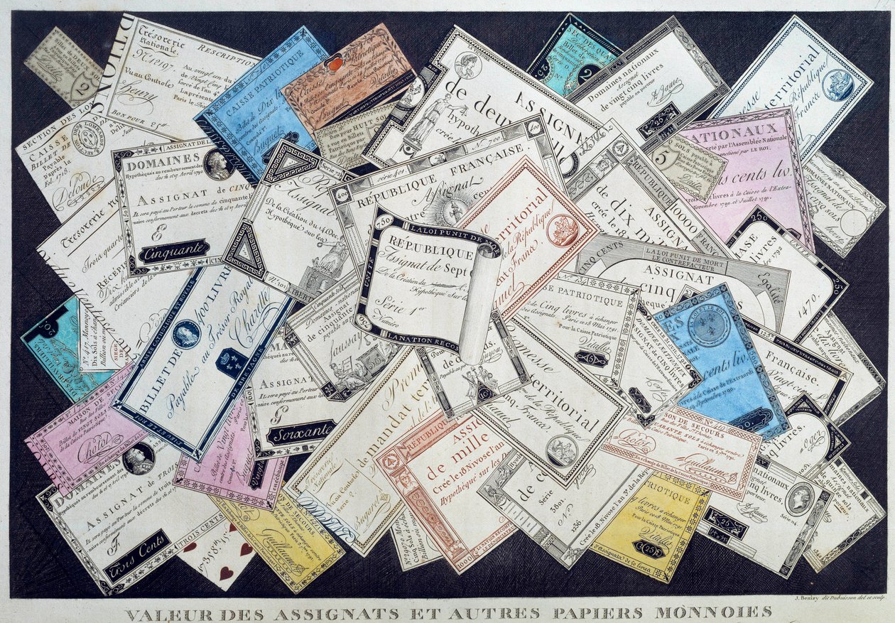 Hodnota asignátů a dalších papírových mincí během francouzské revoluce. 18. století. Musee Carnavalet, Paříž - hodnota asignátů a jiných měnových dokladů za anglické revoluce. Rytina od French School