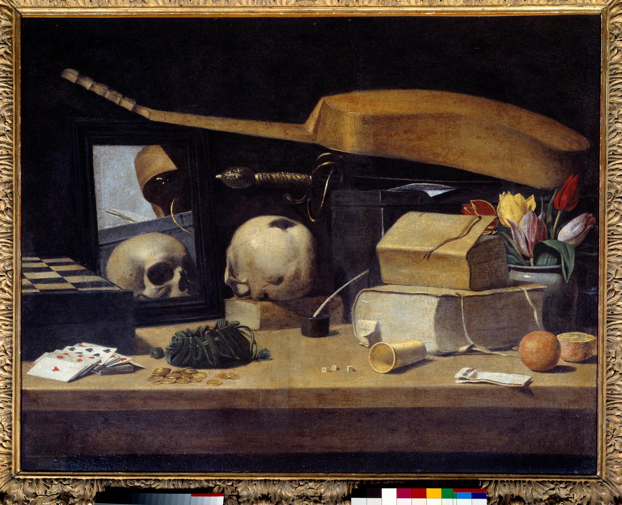 Zátiší Vanitas (Vanite) s balíčkem karet, nástrojem a lebkou. Malba francouzské školy. 17. století. Slunce 0,72x0,9 m od French School