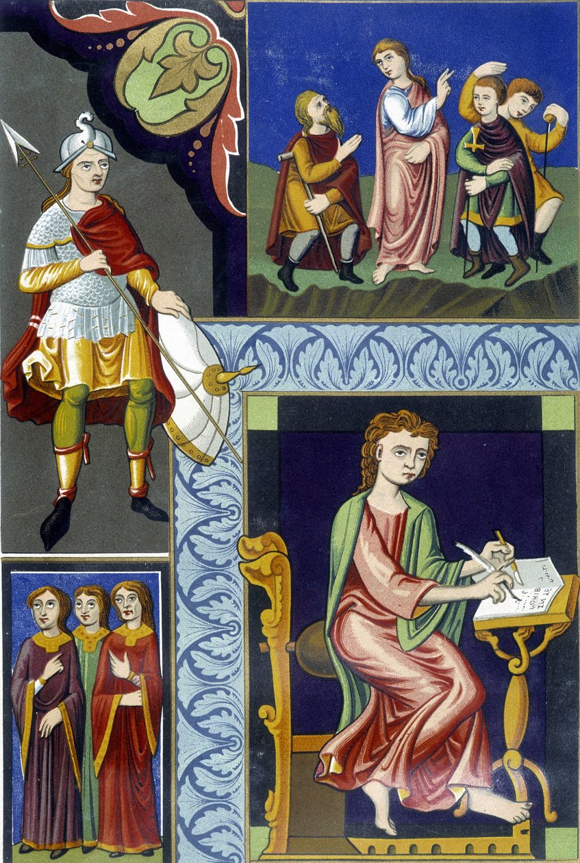 Různé kostýmy 9. století. Ilustrace převzata z "Francie v 9. století". od French School