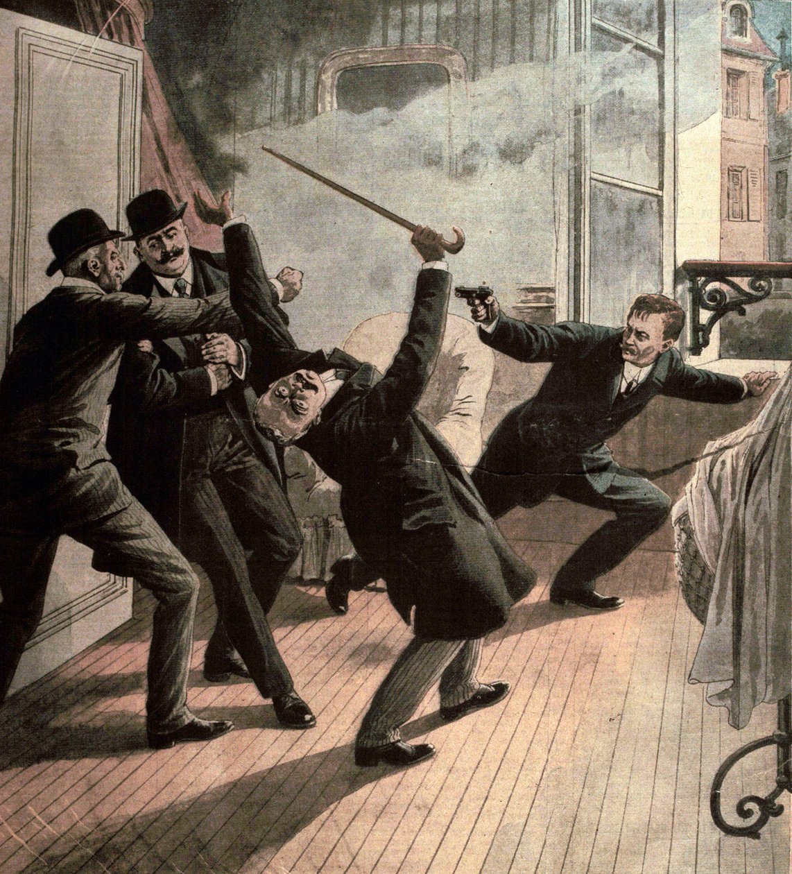 Různá fakta: anarchista Jules Bonnot, vůdce Bonnotovy skupiny, zabil Louise Jouinse 1912 (rytina) od French School