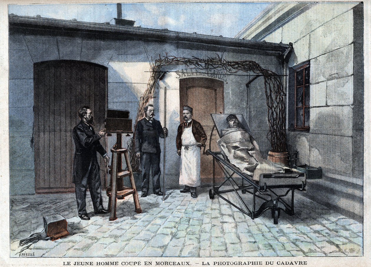 Různá fakta: fotografie mrtvoly rozřezané na kusy službou Alphonse Bertillona (1853-1914), francouzského vědce, tvůrce antropometrie. - v “”Le Petitle Parisien”” od French School