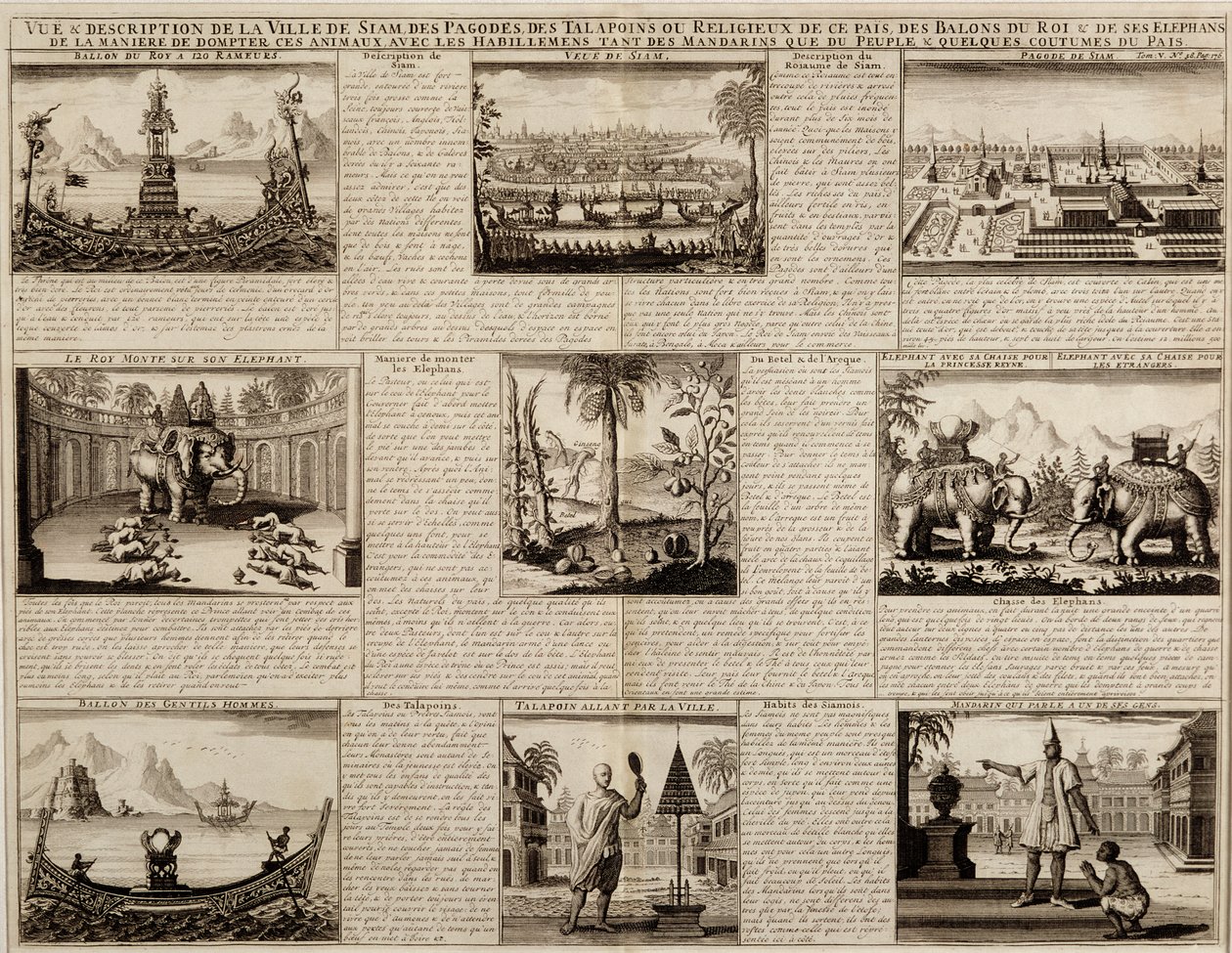 Různé pohledy na Siam a Ayutthayu z knihy Du Royaume de Siam od Simona de la Loubere, vydané v roce 1688. od French School
