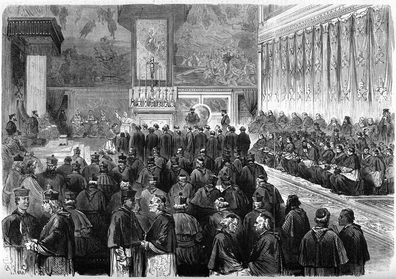 vatikánský koncil 1 (1869-1870): prosynodální audience v Sixtinské kapli v Římě. Papež Pius IX. (1792-1878) přijal přísahu marechálů a úředníků koncilu. Prosinec 1869. Rytina v „“ Le Monde Illustré““ č. 662 z 19. prosince od French School