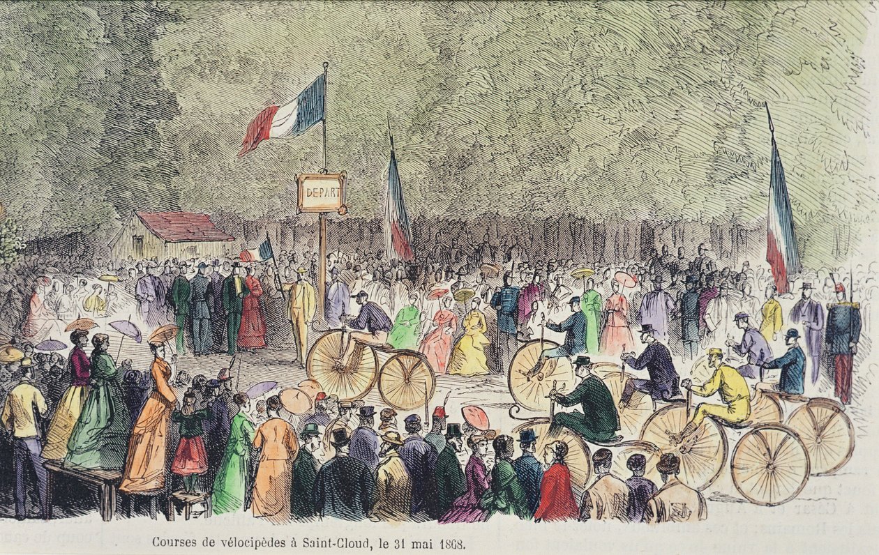 Závod velocipedů v Saint-Cloud, 31. května 1808 (barevná rytina) od French School