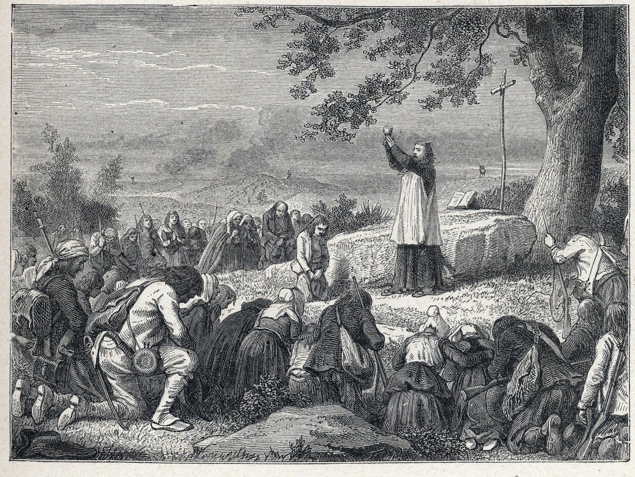 Vendee Wars (1793-1796): Kněžské vložky celebrující mši pod dubem pro povstalecké obyvatelstvo, které odmítá přísežné kněze. Rytina z roku 1889. Soukromá sbírka. od French School