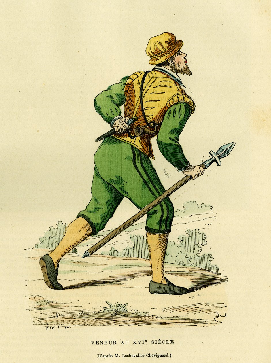 Veneurův kostým, který měl na starosti lov obyčejných psů, v 17. století. Barevná rytina podle kresby Lechevallera-Chevignarda, in "France et les francais a travers les centuries" Augustin Challamel, editor F. Roy, Paris 1882. Sbírka Selva. od French School