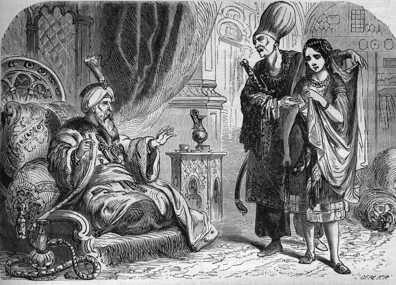 Venitian Baffa, oblíbenec Mourada III. (1574-1595) nebo osmanského sultána Amurata III. Rytina do „Historie prostituce a zhýralosti mezi všemi národy světa od starověku po současnost“ od Dr. Th. -F. Debray. 1879. od French School