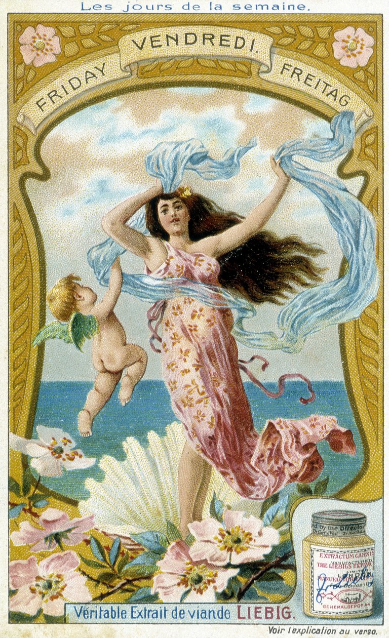 Venuše ilustruje pátek. Chromolitografická reklamní karta Liebig. od French School