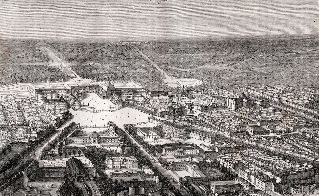 Versailles se svým zámkem v 19. století - rytina „La France illustree: geografie, historie, statistická správa“ od V.A. Sladově hnědá. 1884 od French School
