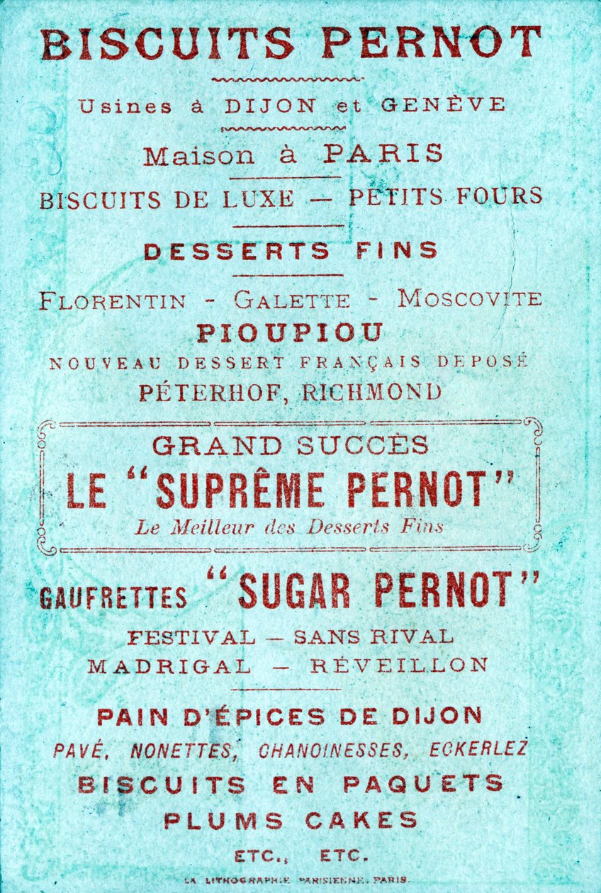 Verso s reklamou na Biscuits Pernot, továrny v Dijonu a Geneve, Maison v Paříži od French School