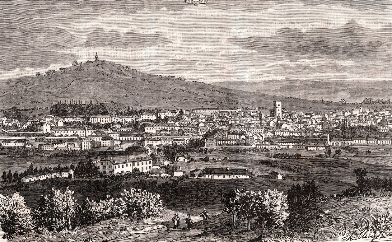 Vesoul - obec Grand Est of France, prefektura departementu Haute-Saone v regionu Bourgogne-Franche-Comte - rytina v „France illustree: geografie, historie, statistická správa“ od V.-A. Sladově hnědá. 1884 od French School